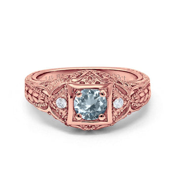 14K Rose Gold 0.15ct Round Antique Style 5mm G SI Natural Aquamarine Diamond Engagement Wedding Ring Size 6.5